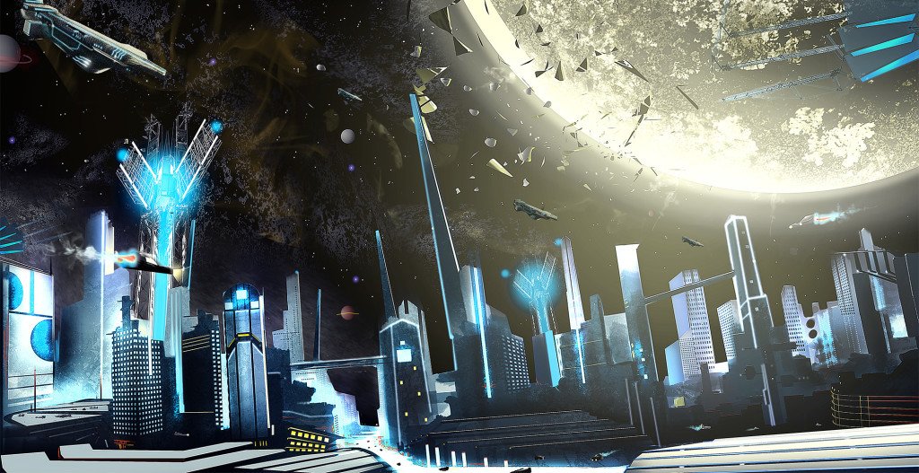 Edge Of Eternity concept art depicts Airship Battle and Space City