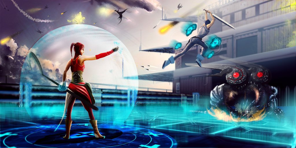 Edge Of Eternity concept art depicts Airship Battle and Space City